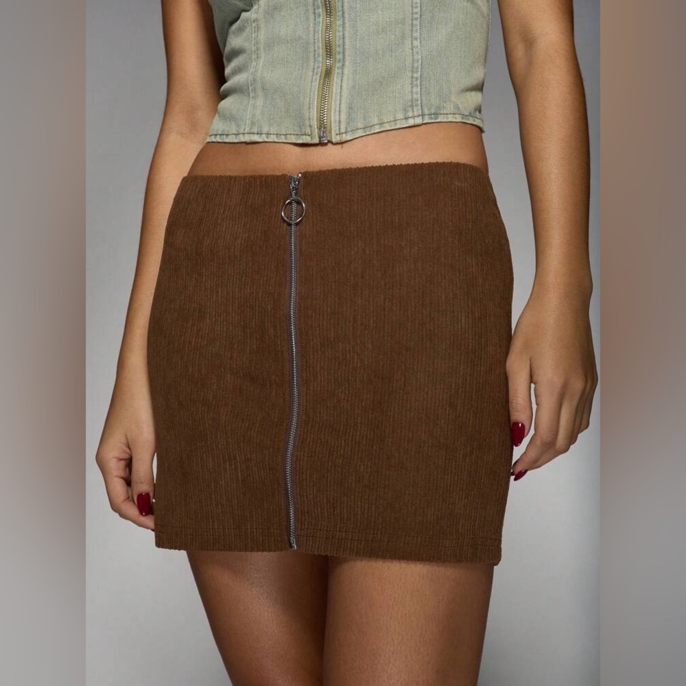 Brown Corduroy Zip Front Mini Skirt